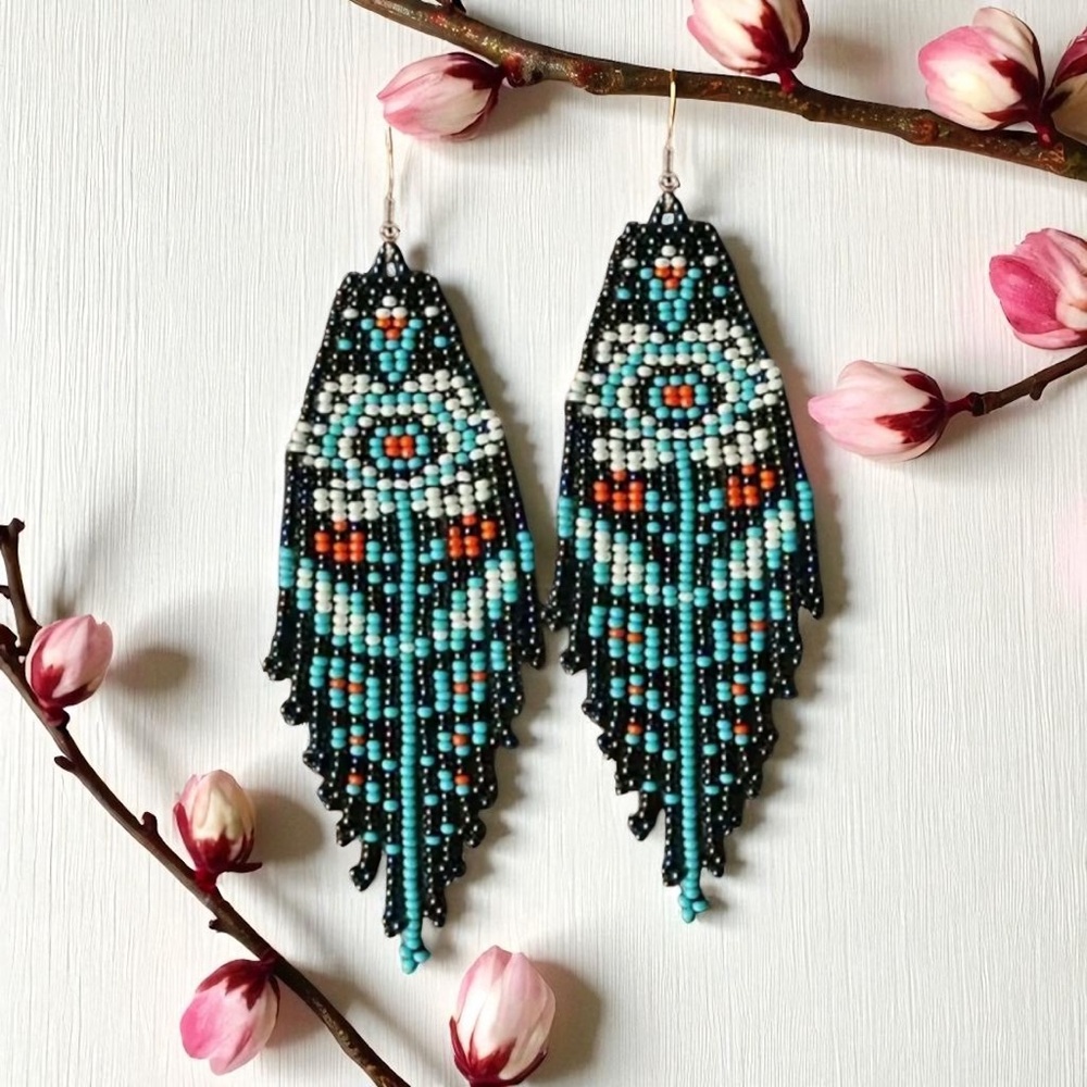 Mossy Multicoloured Flower Pattern Beaded Tassle Earrings. New.